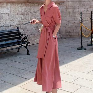 Long V-neck Chiffon dress with slim lace waist